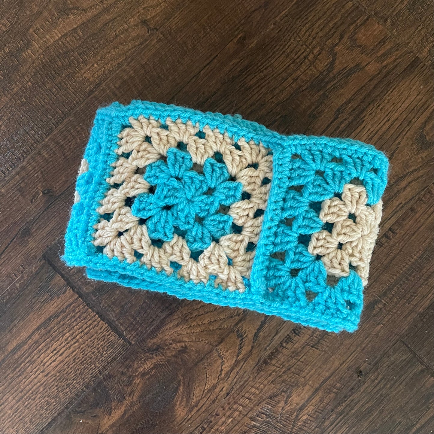 Cream Blue Granny Square Scarf