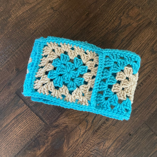 Cream Blue Granny Square Scarf