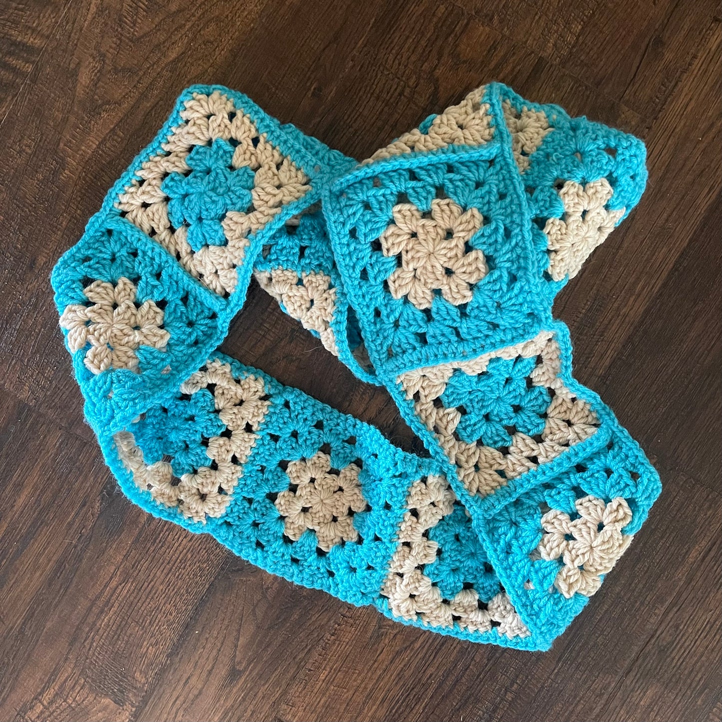 Cream Blue Granny Square Scarf